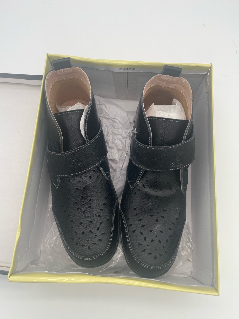 Children's Black Perforated Leather Hook-and-Loop Boots
